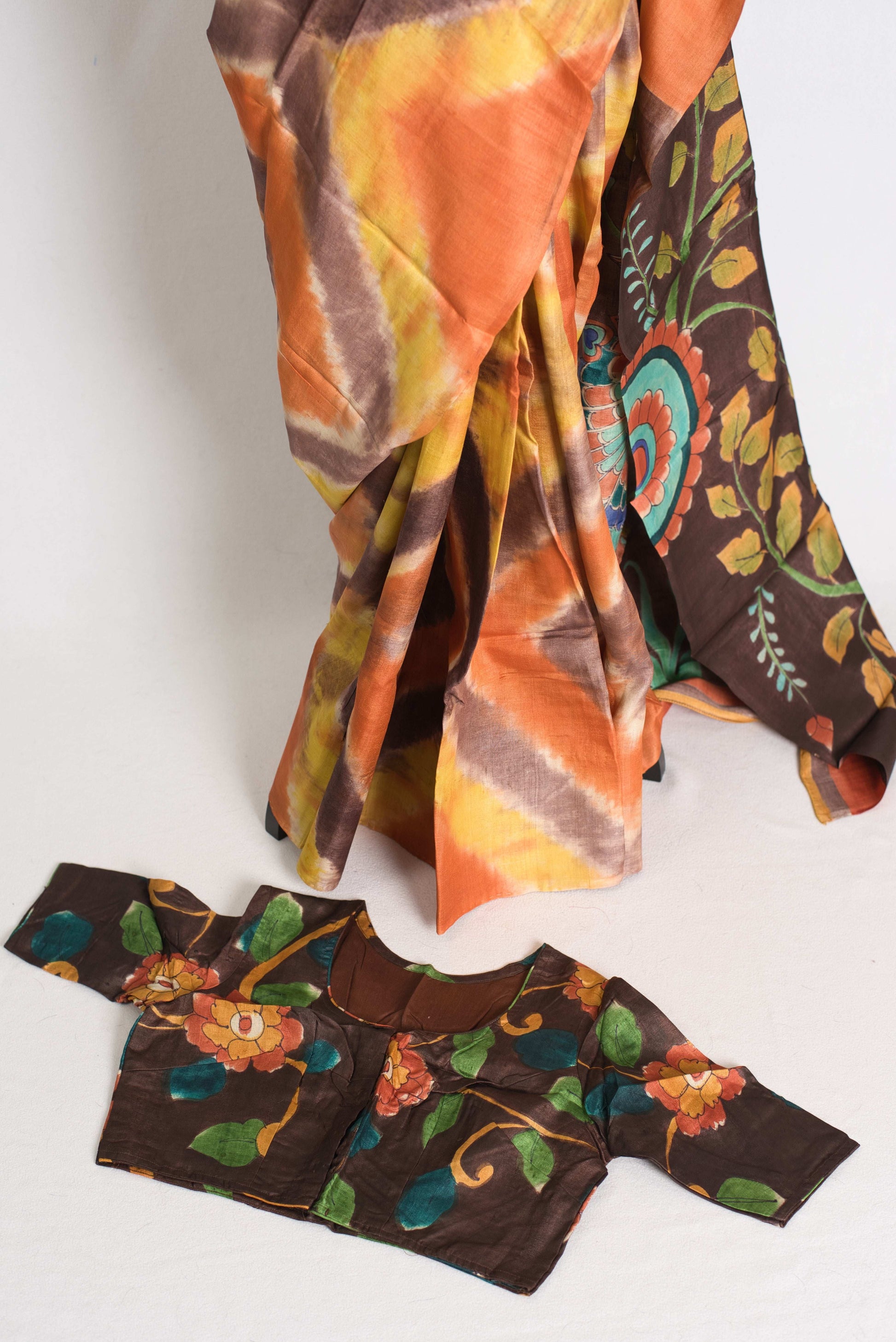 Madhura : Hand Painted Kalamkari Tussar Silk Saree with 36 Size Stitched Blouse