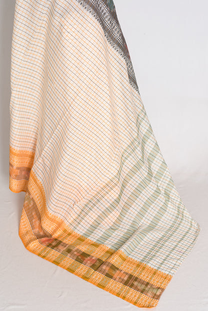 Mala: White Soft Cotton Dhaniakhali Saree with Ganga Jamuna Border image 4