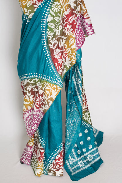 Ritaja : Teal Blue Hand-Dyed Tussar Silk Hand-Embroidered Kantha Stitch Saree image 6
