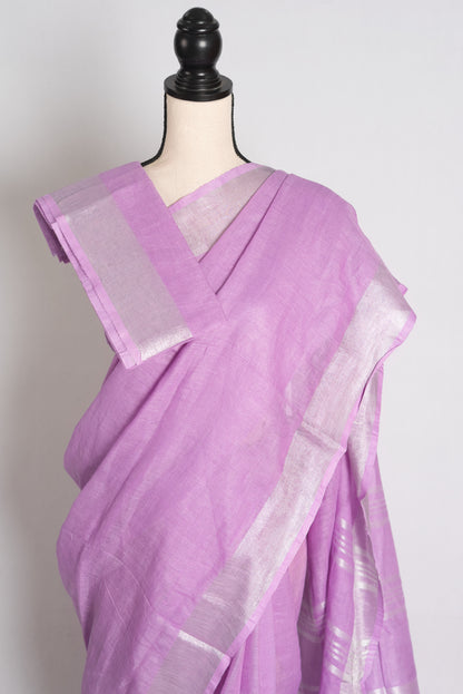 Vibha : Lilac Pure Linen Saree with Silver Zari Border image 2