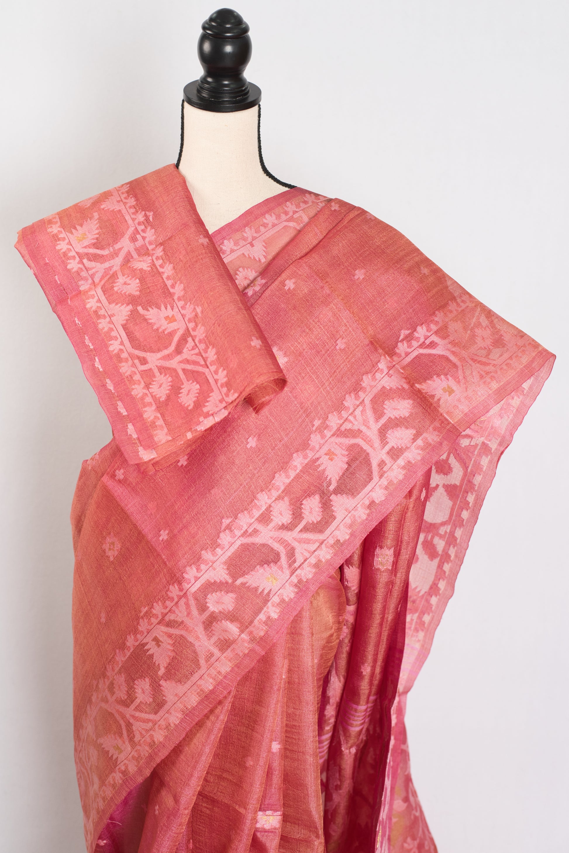 Urmi : Coral Pink Pure Bengal Tussar Silk Saree with Hand-Woven Jamdani Motif image 2
