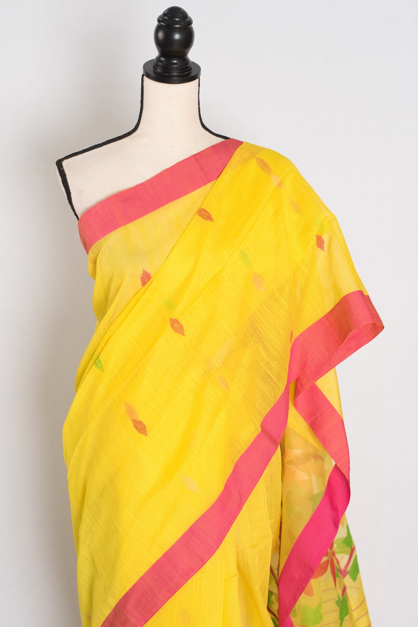 Shruti: Bright Yellow & Pink Bengal Linen-Cotton Saree | Handwoven Jamdani Pallu image 5