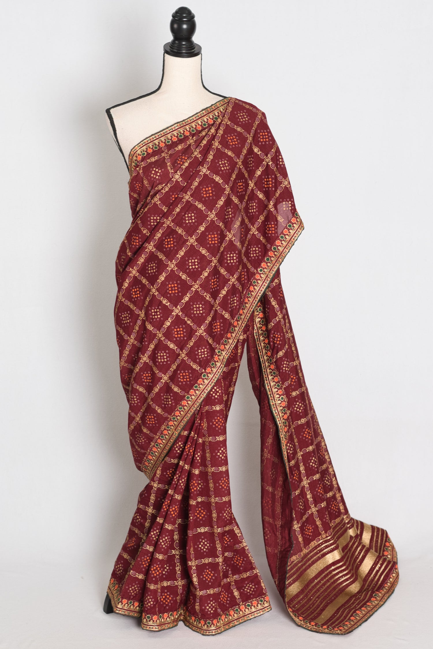 Moni: Maroon Gharchola Saree with Gold Print and Embroidered Border image 0