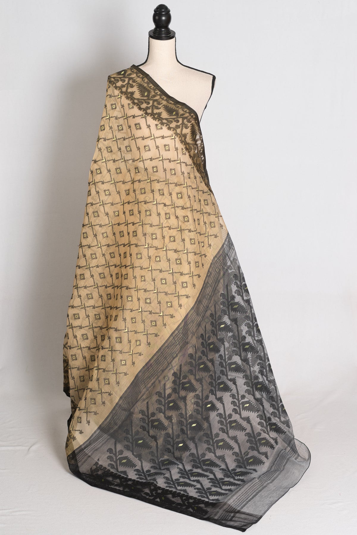 Beige and Black Jamdani saree — front view