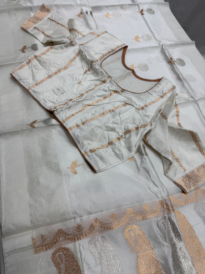 Ganga : White Silk Banarasi Saree with 36 Size Stitched Blouse image 6