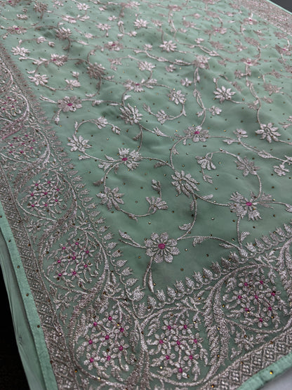 Pooja | Sea Green Georgette Partywear Saree | Elegant Machine Floral Embroidery image 0