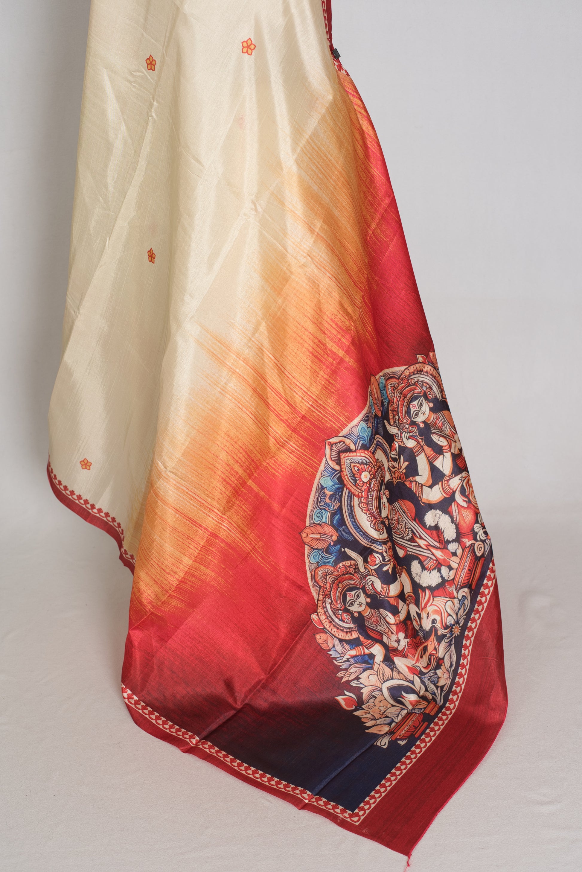 Durga: Cream and Red Semi Silk Printed Durga Puja Saree image 1