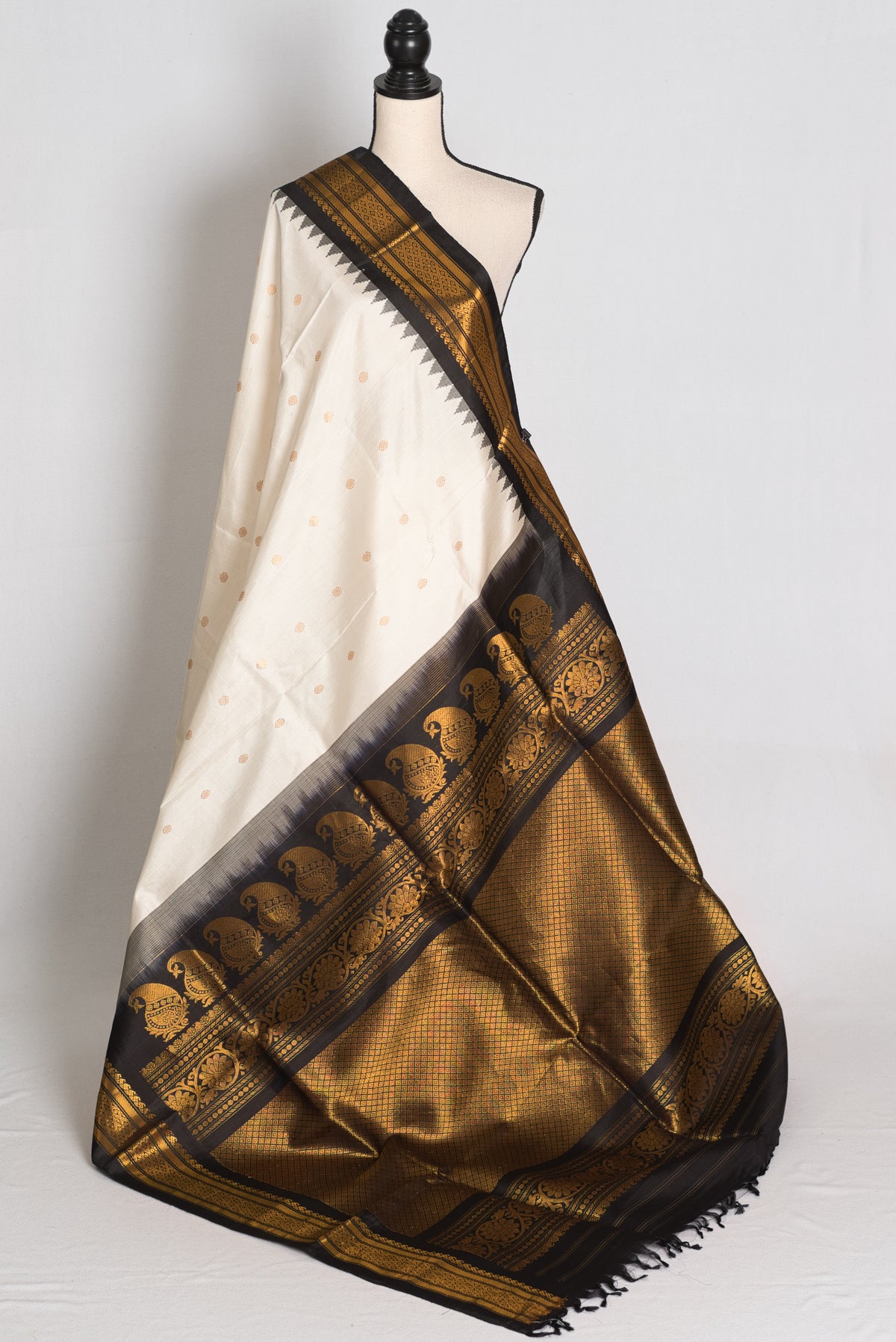 Sabina : Off White and Black Handwoven Gadwal Silk Saree with Gold Zari image 1
