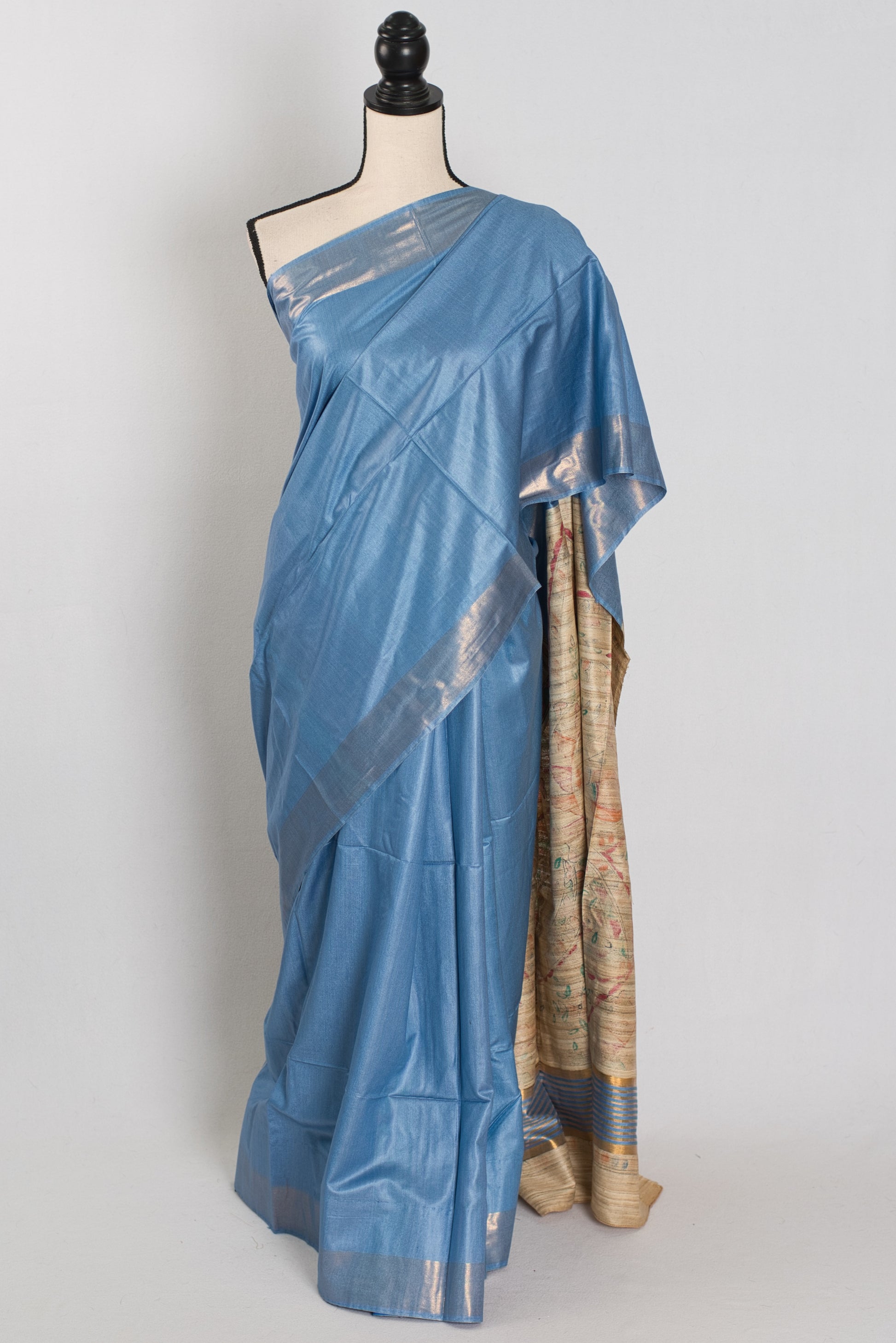 Shobha: Contemporary Blue StapleTussar Silk Saree | Hand-Painted Madhubani Pallu image 0