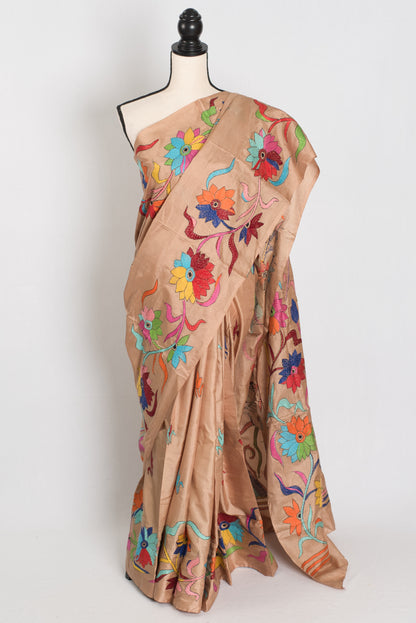 Malati: Silk Mark Certified Hand Embroidery Kantha Silk Saree in Brown image 0