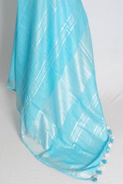 Arusi : Sky Blue Pure Linen Saree with Silver Zari Border image 3