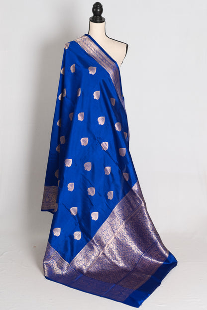 Sumaira : Royal Blue Pure Satin Silk Banarasi Saree with Silver-Gold Zari image 1