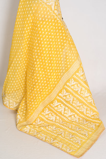 Gita – Bright Yellow and White Blended Cotton Jamdani Saree image 3