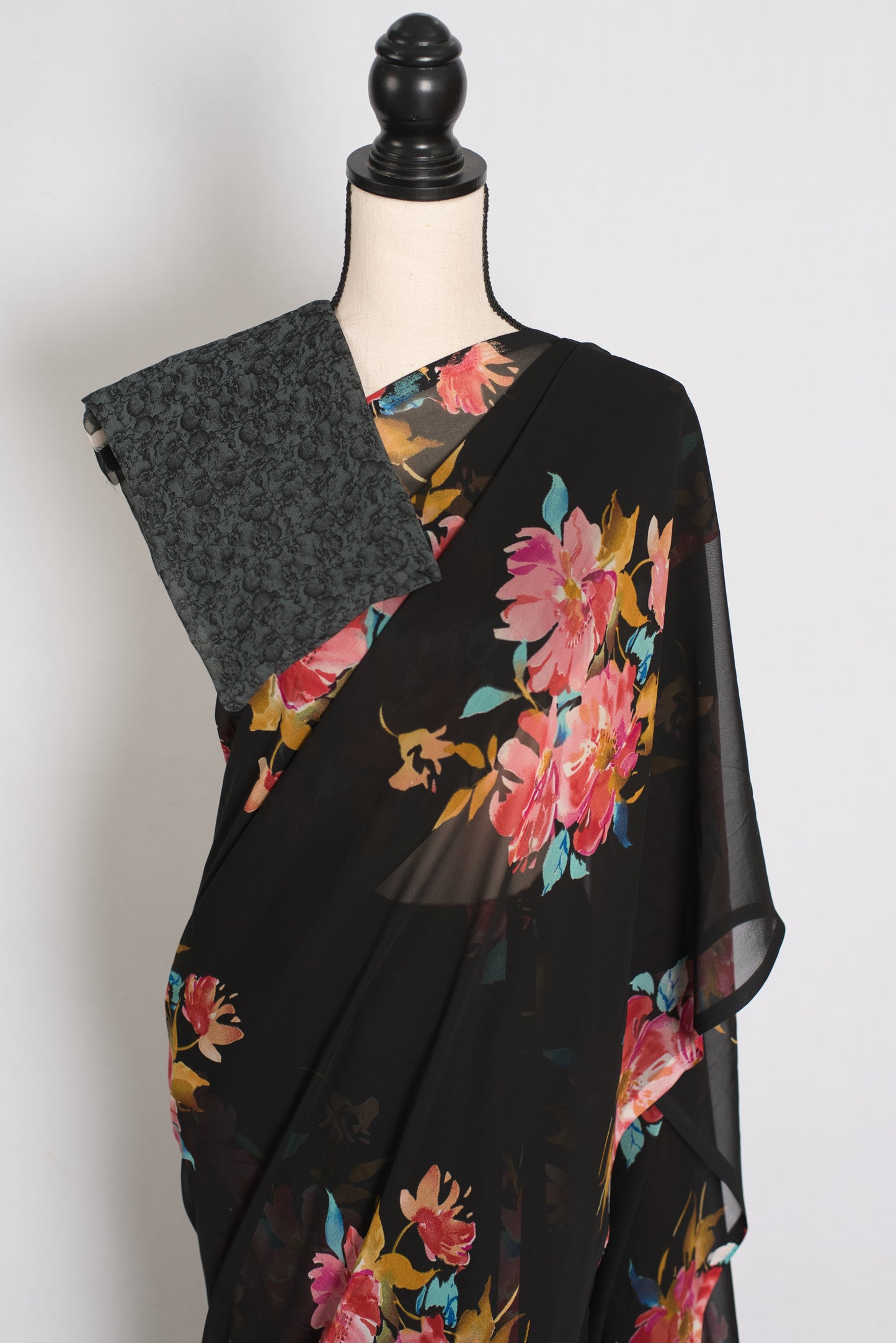Nita : Black Floral Printed Chiffon Georgette Saree image 2