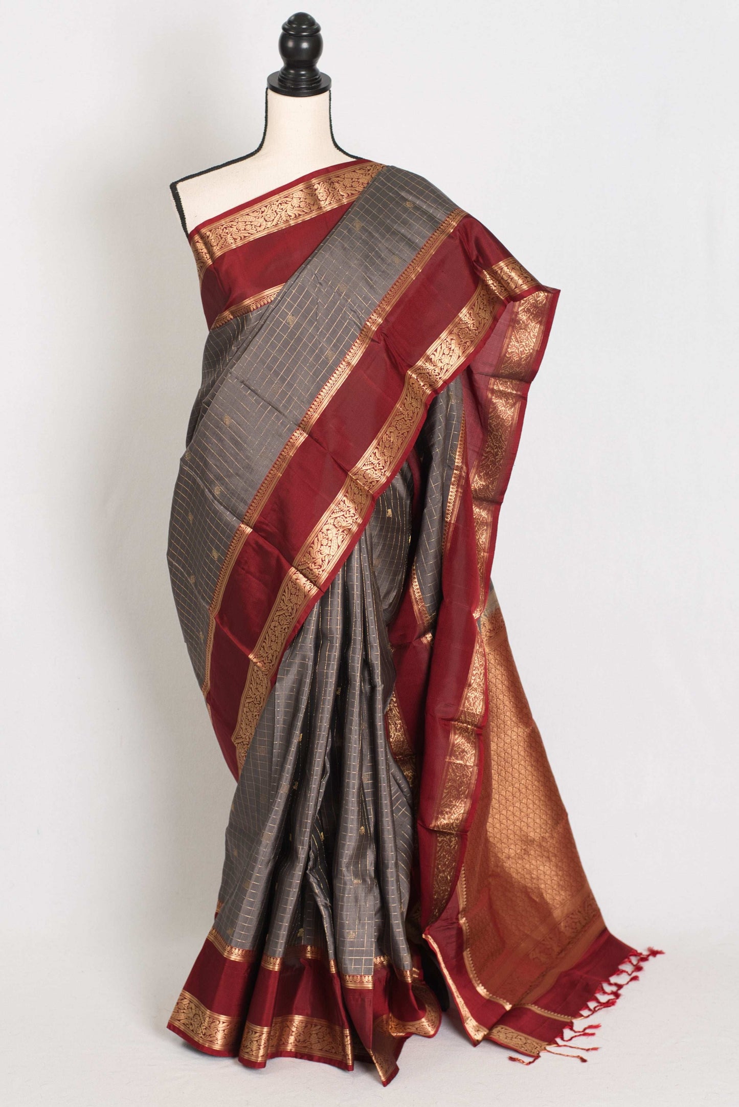 Kalyani : Gray and Maroon Checks Kanjivaram Pattu Silk Saree image 0