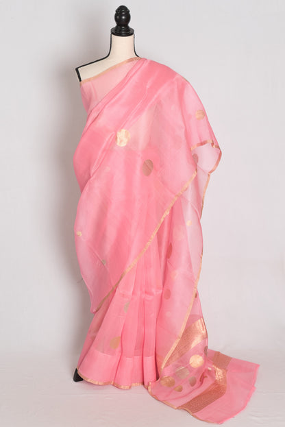 Priya : Pink and Gold Kora Silk Banarasi Saree with Polka Dots image 0