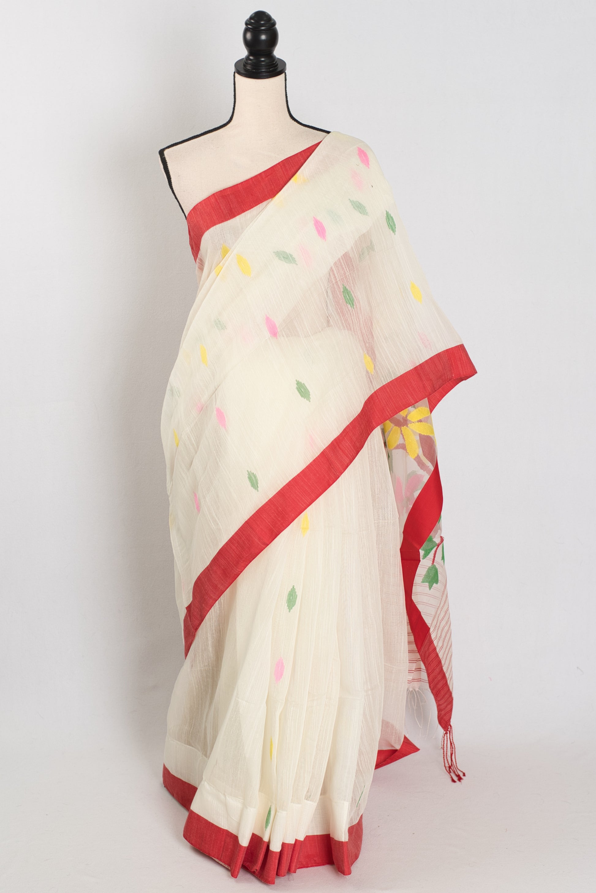 Balaka: White & Red Bengal Linen-Cotton Saree | Traditional Lal-Par Saree image 0