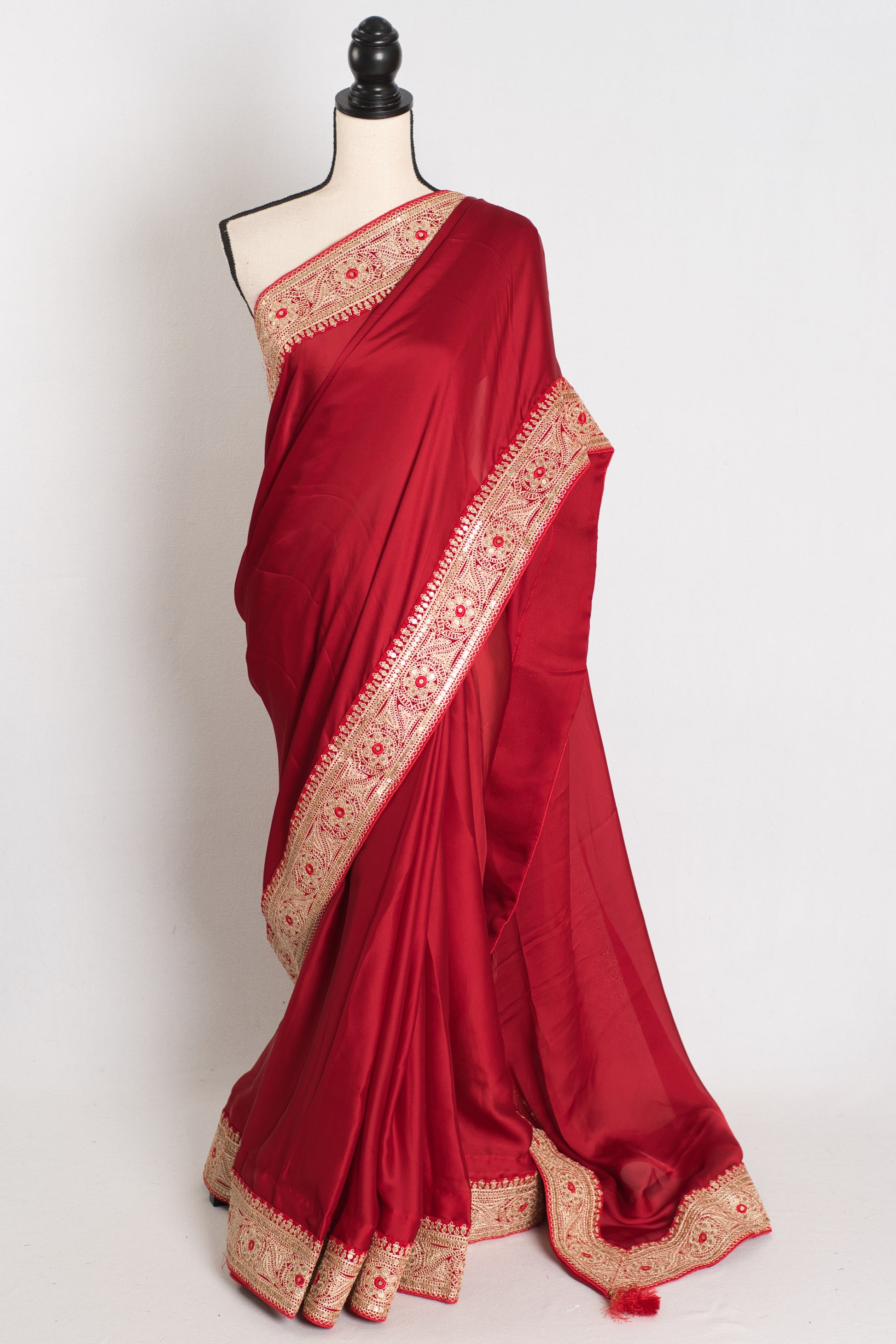 Noor : Dark Red Patch Border Designer Satin Silk Partywear Saree image 0
