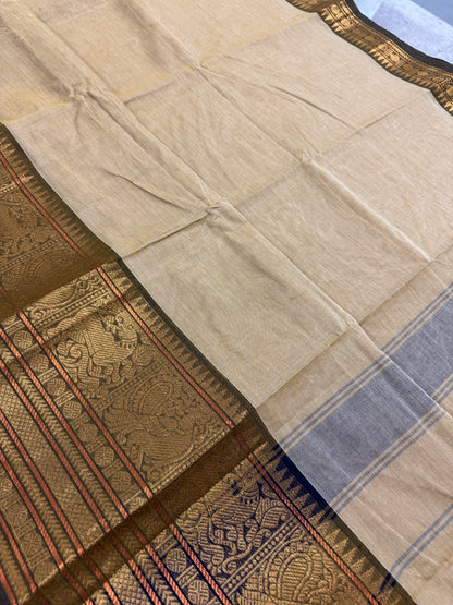 Sanvi : Handwoven Kanchi Cotton Saree in Light Brown and Henna Green image 2