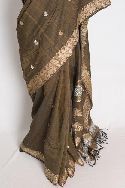 Mala : Snuff Brown Pure Cotton Assamese Handloom Saree image 5