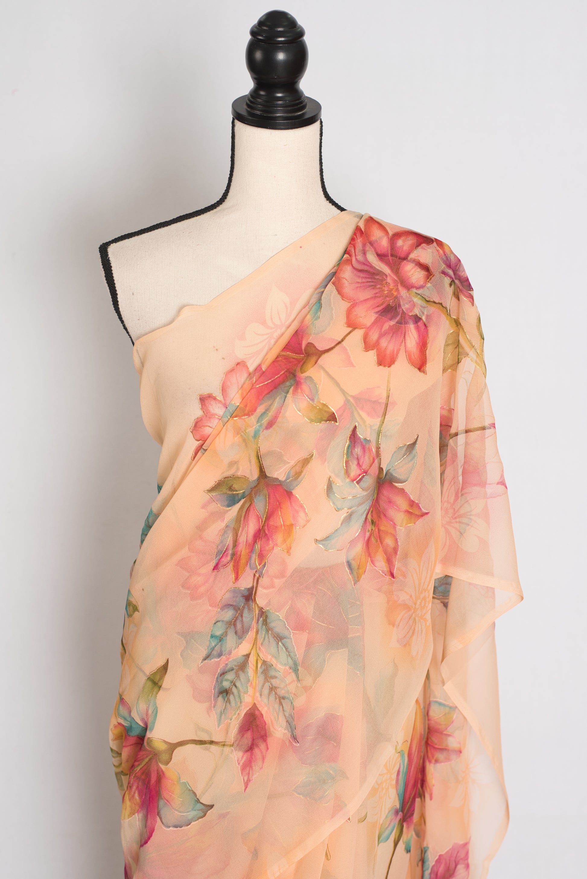 Diya : Soft Peach Floral Printed Chiffon Saree - Budget-Friendly Summer Drape image 5