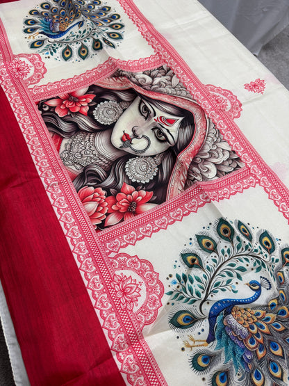 Durgaayana : Off-White and Red Semi Silk Printed Saree for Durga Puja image 4