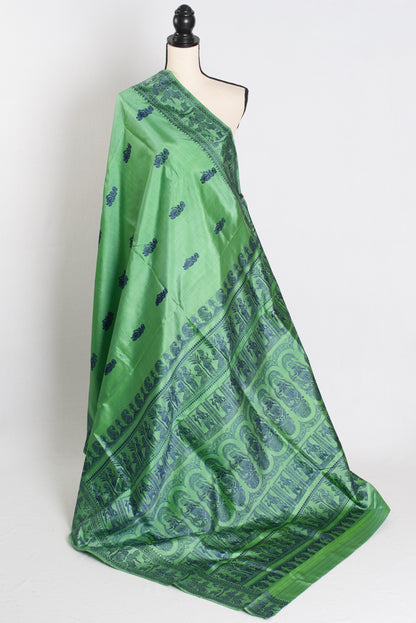 Sriti : Traditional Baluchari Silk Saree from Bengal in Sage Green image 1