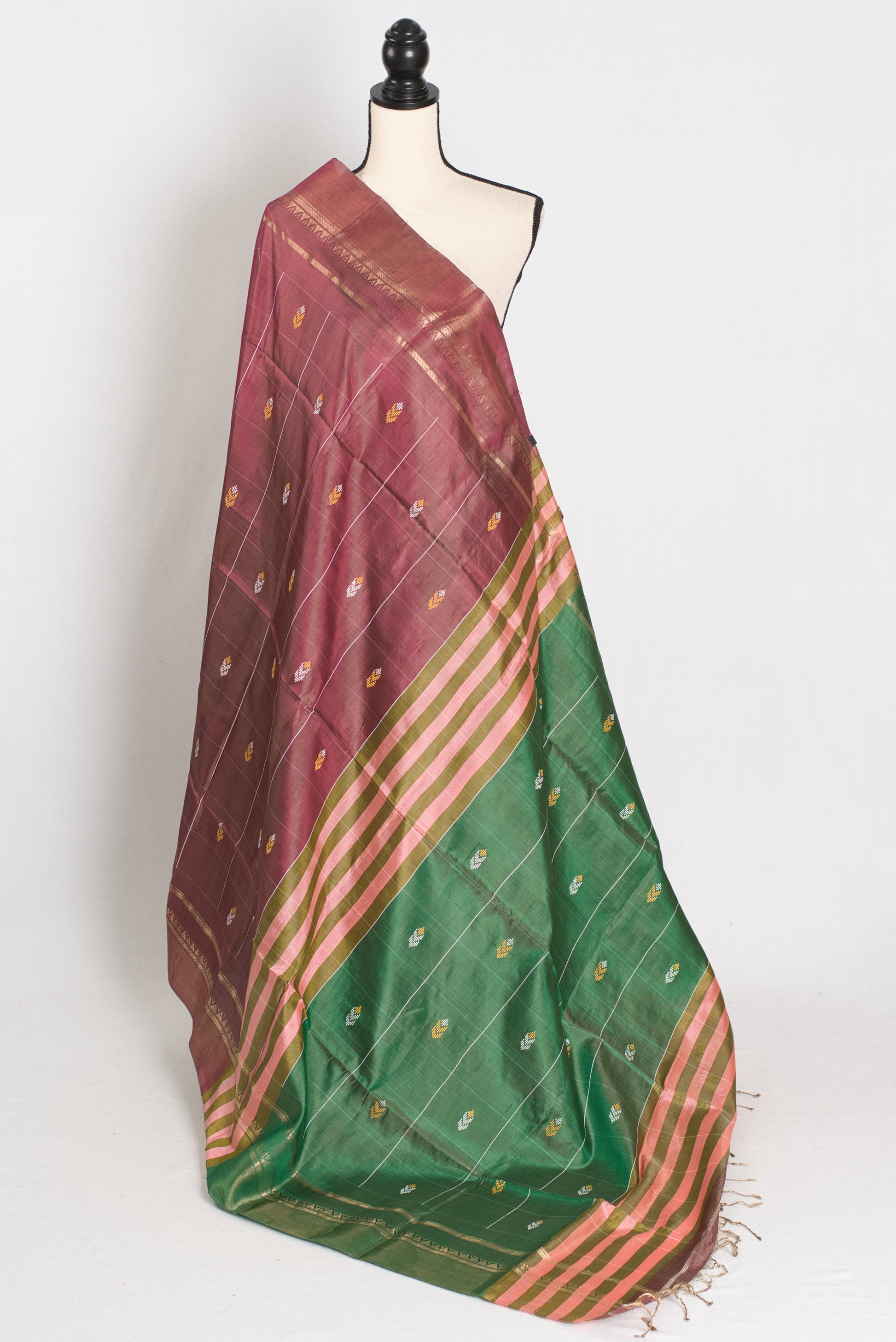 Basanti : Bishnupur Katan Silk Checks Kalakshetra Saree in Brown and Green image 1