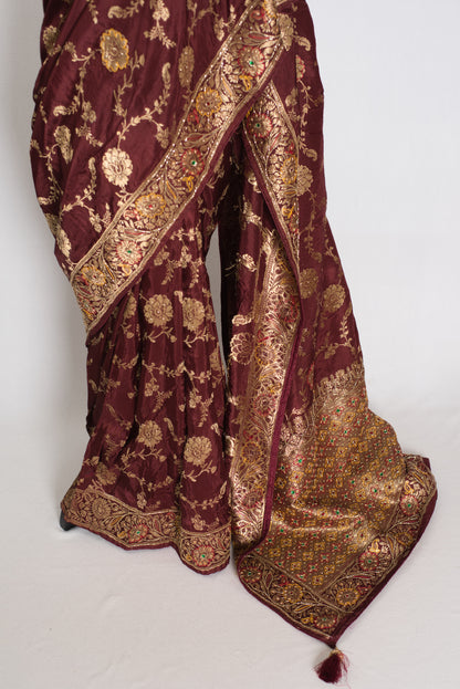Shruti : Coffee Brown Dola Silk Banarasi Saree with 38 Size Blouse image 6
