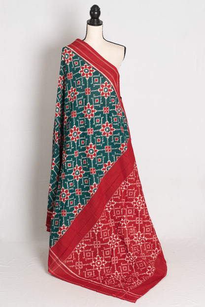 Jui : Bottle Green & Red Telia Rumal Pochampally Double Ikat Pure Cotton Saree image 1