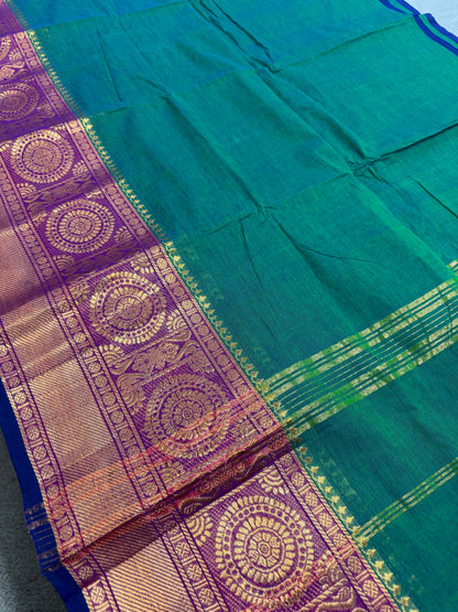 Valli : Peacock Green Kanchi Cotton Saree - Handwoven South Indian Elegance image 3