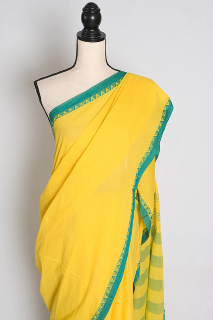 Bright Yellow and Green Dhaniakhali saree — drape view