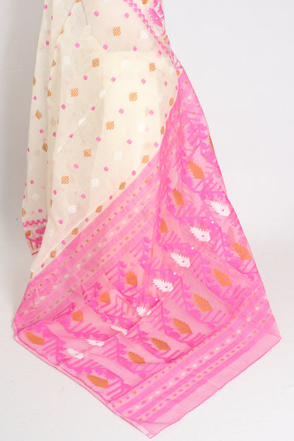 Soma : Off White and Pink Blended Soft Cotton Jamdani Bengali Saree image 2