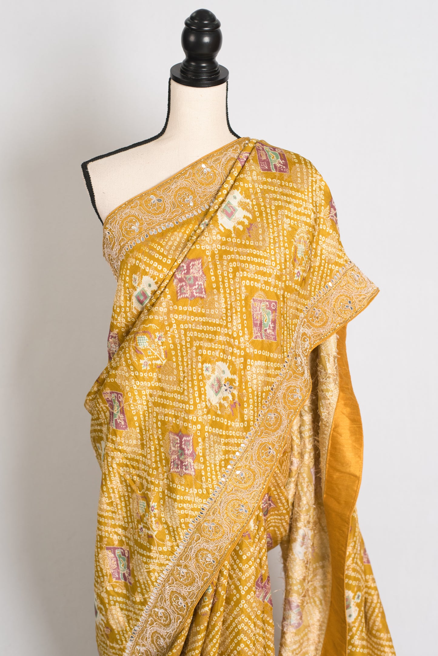 Hiya : Hand Embroidered Petai Zardosi Mirror Work Bandhani Saree in Yellow image 5