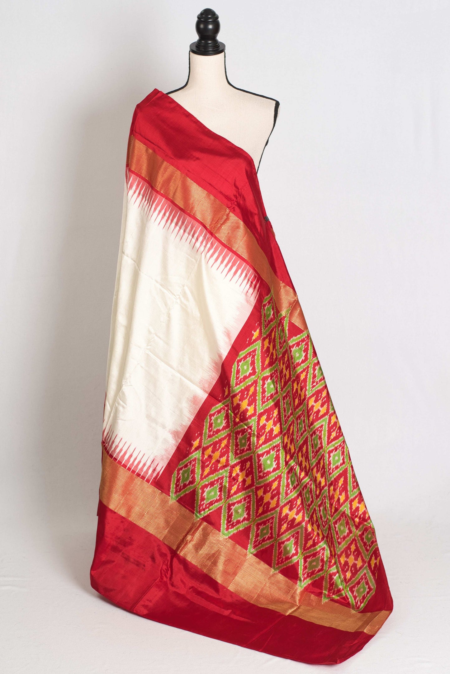 Dyuti : Silk Mark Certified Double Weaving Patola Ikkat Saree in Cream and Red image 1