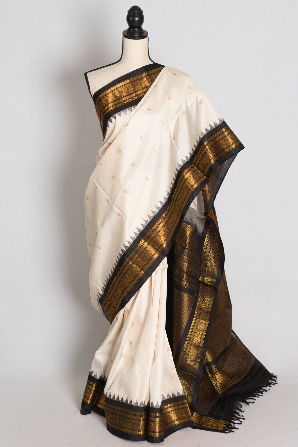 Sabina : Off White and Black Handwoven Gadwal Silk Saree with Gold Zari image 0