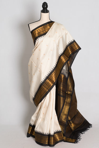 Sabina : Off White and Black Handwoven Gadwal Silk Saree with Gold Zari image 0