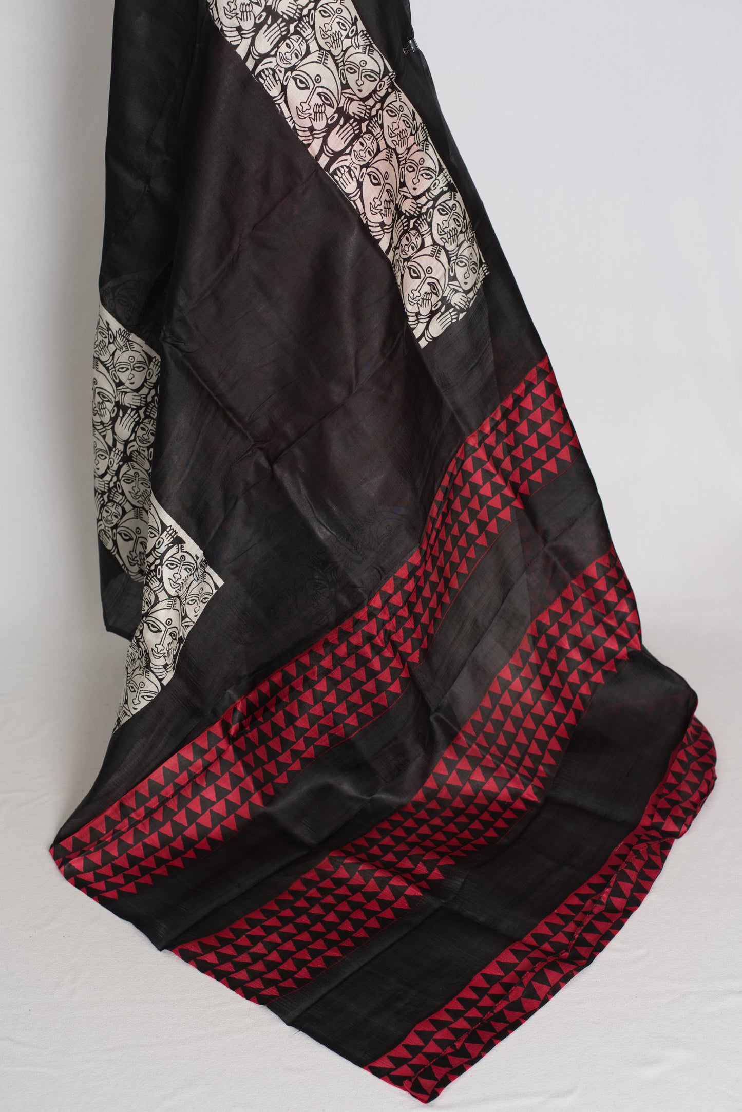 Swapna : Black and Red Half and Half Hand Block Printed Murshidabad Silk Saree image 3