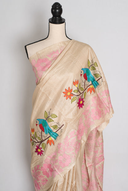 Moi : Premium Gachi Tussar Hand Embroidered Kantha Stitch Saree image 5