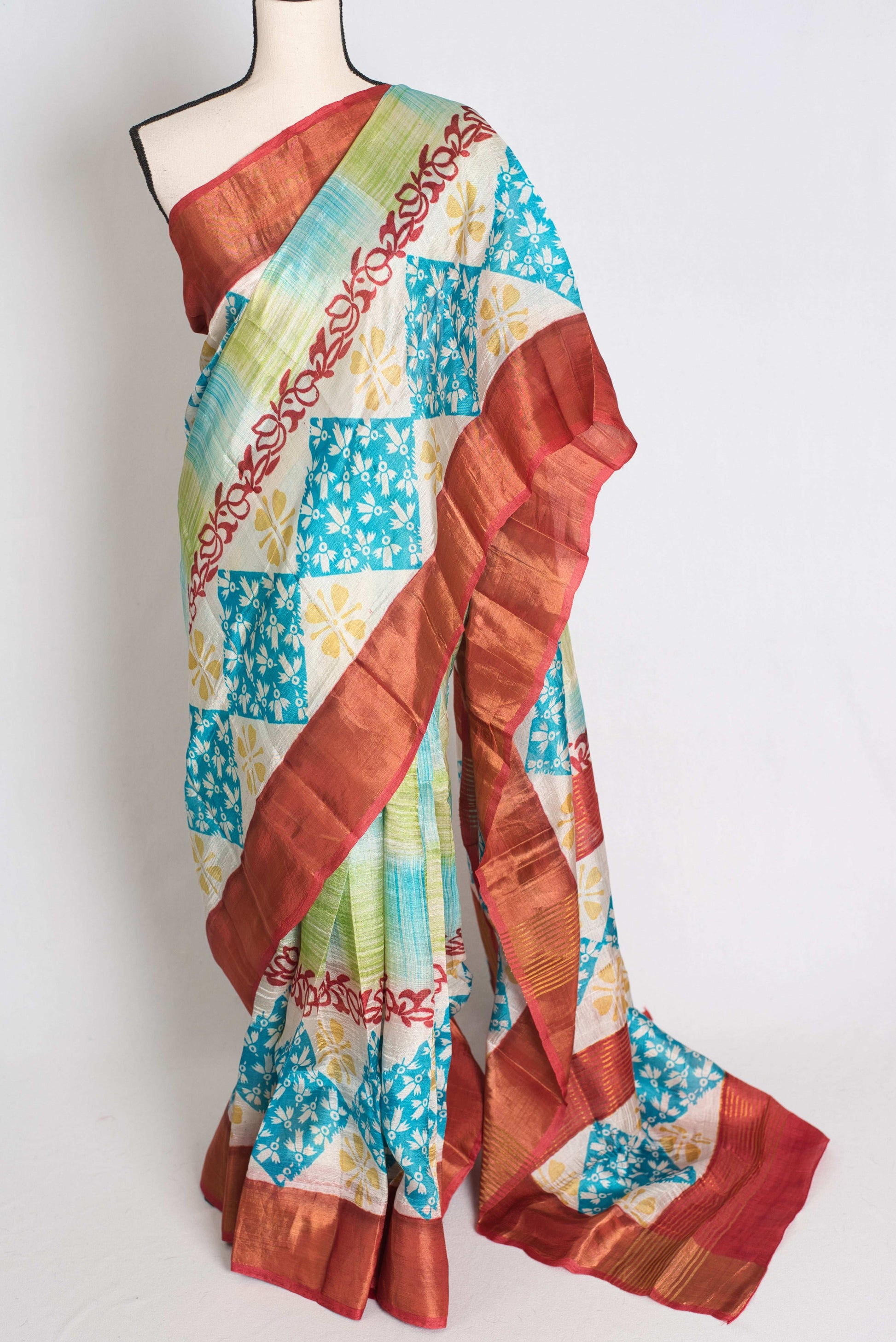 Sri : Hand Block Printed Matka by Tussar Silk Saree in Multi-Color Prints image 5