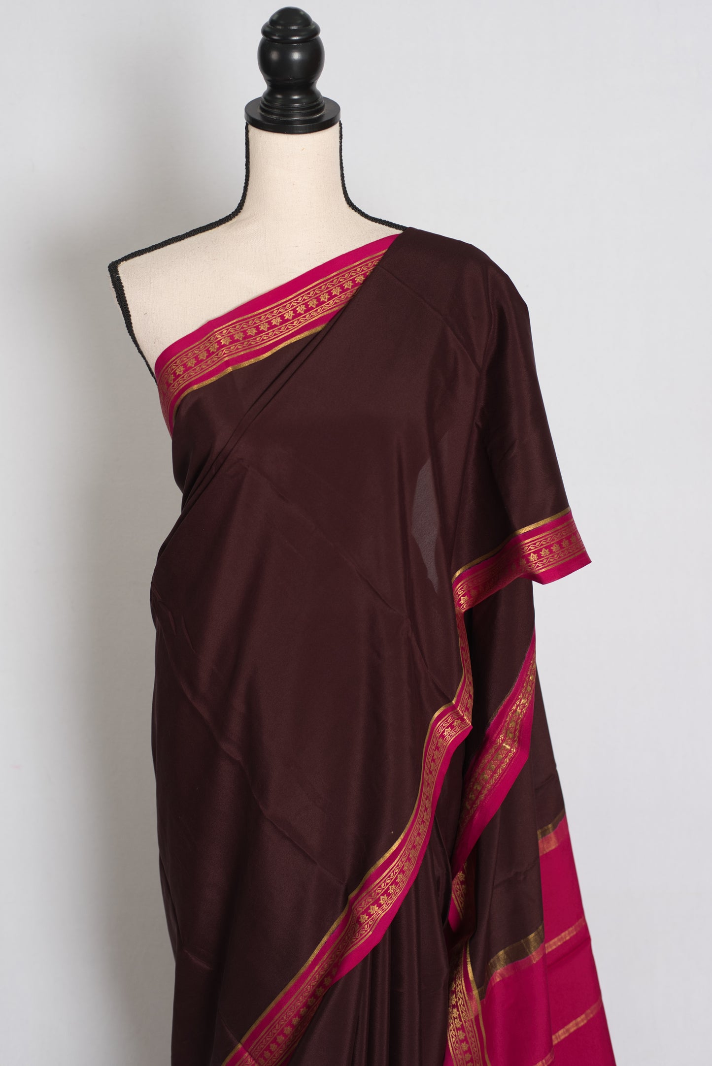 Devi : Brown and Pink Pure Mysore Crepe Silk Saree with 38 Size Stitched Blouse image 6