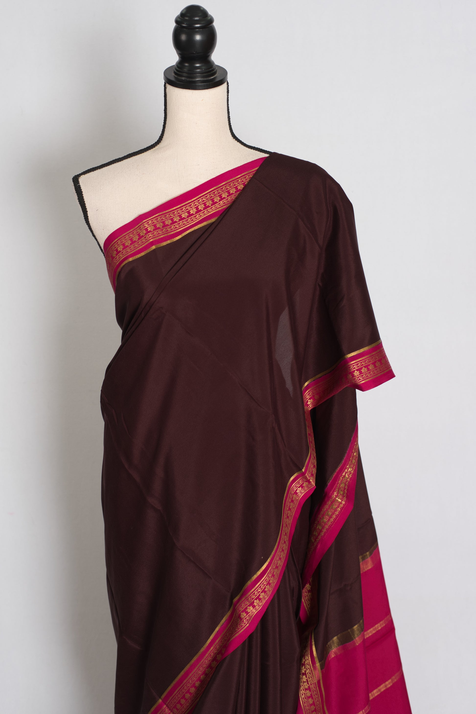 Devi : Brown and Pink Pure Mysore Crepe Silk Saree with 38 Size Stitched Blouse image 6