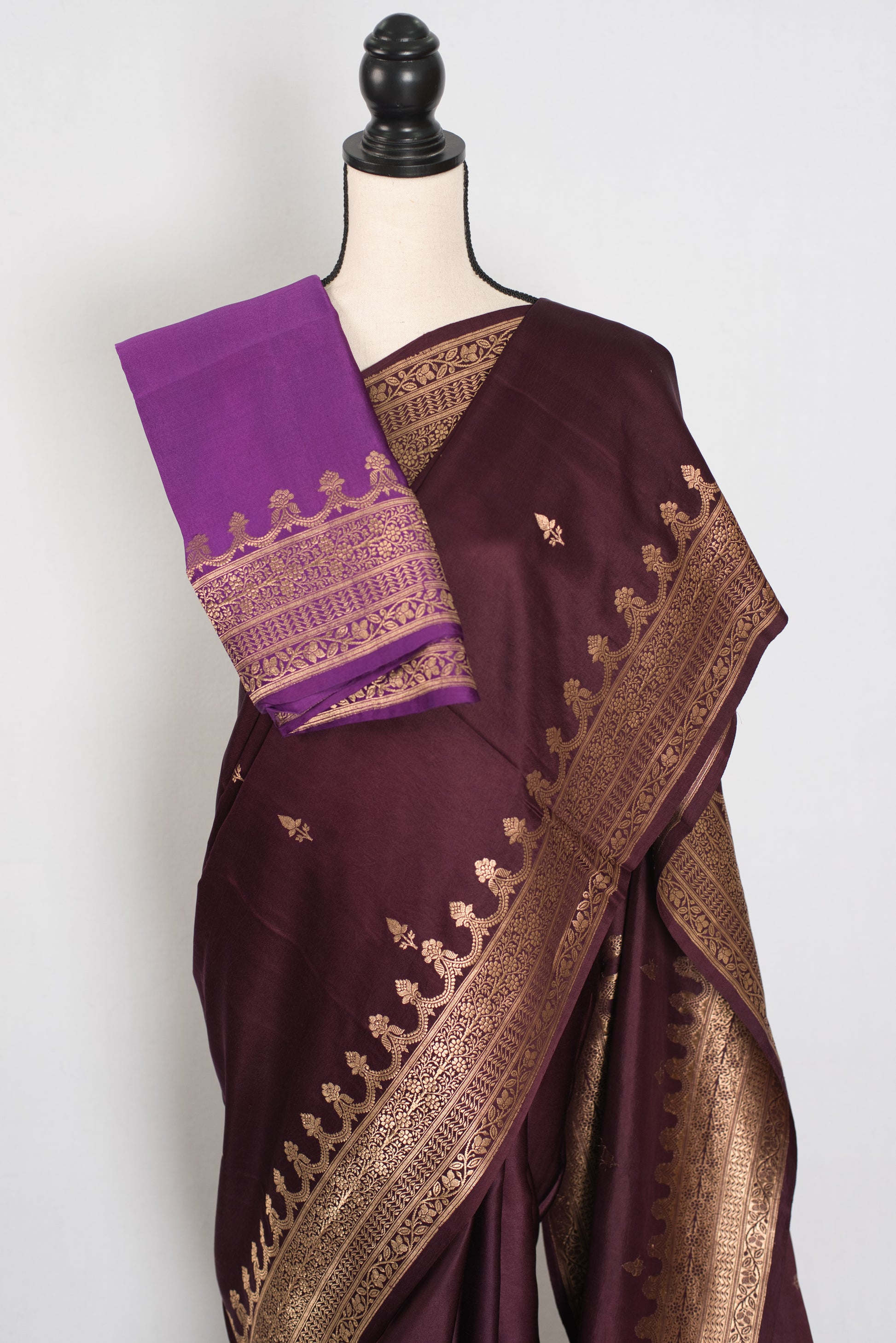 Ruuh | Wine Premium Mashru Banarasi Silk Saree | Antique Gold Zari Weaving image 2