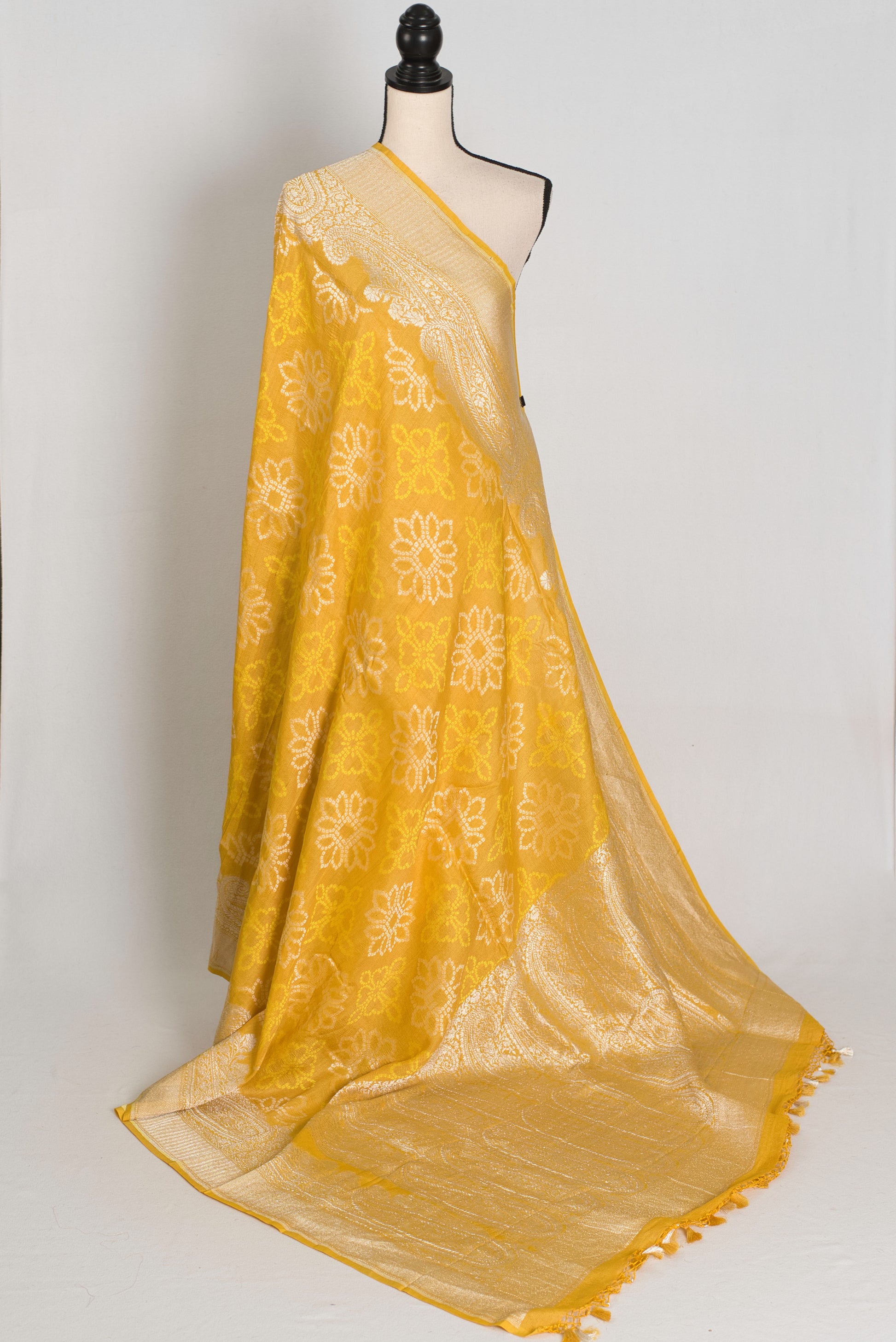 Gauri : Yellow Bandhani Tussar Georgette Banarasi Saree | Silk Mark Certified image 1