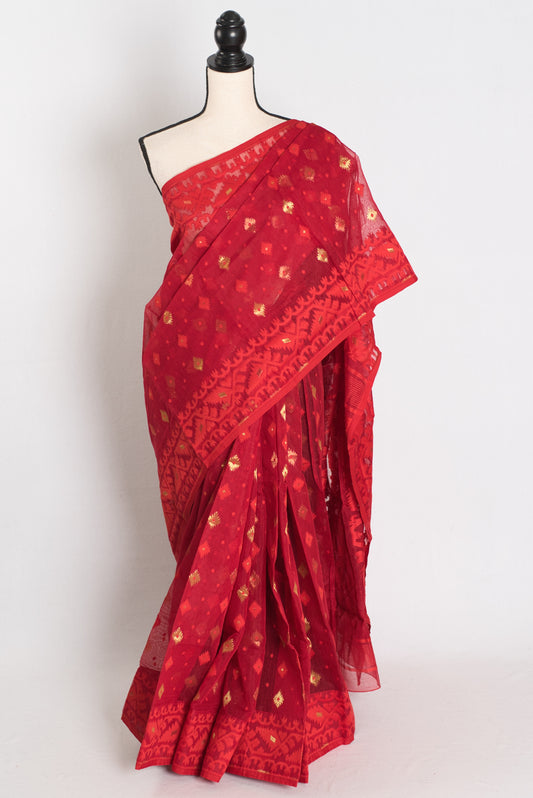 Rini : Red and Gold Blended Soft Cotton Jamdani Bengali Saree. image 0