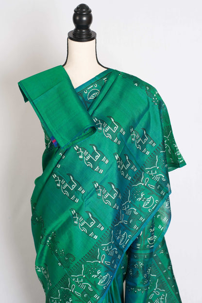 Bimala : Silk Mark Certified Green Bishnupur Katan Silk Printed Baluchari Saree image 2