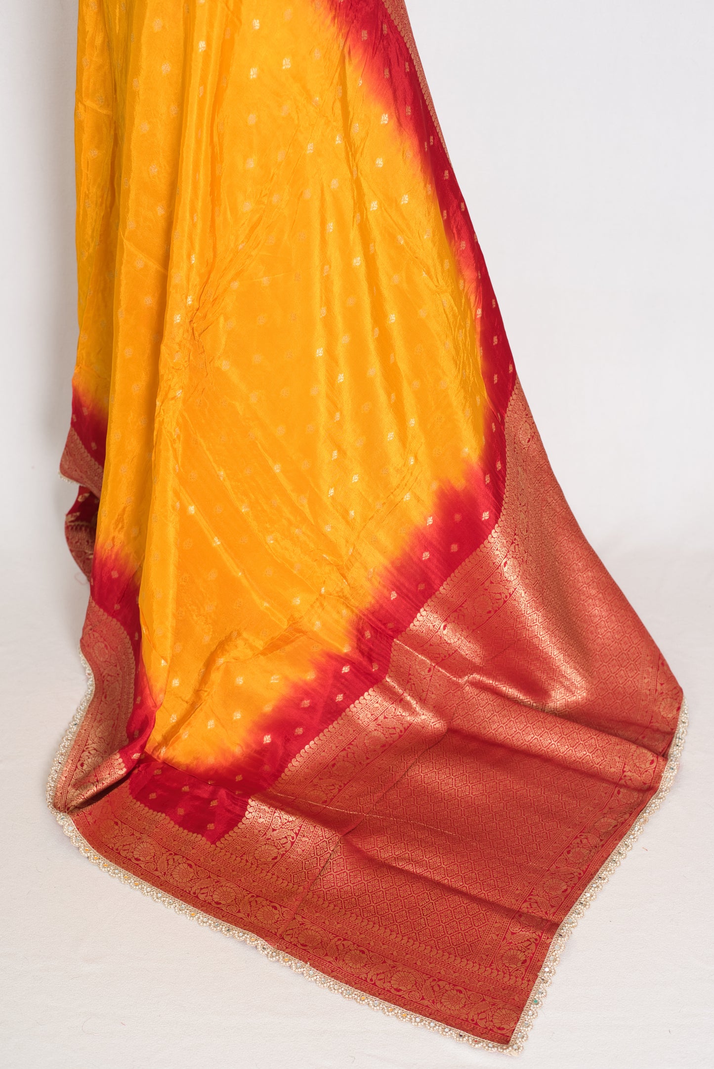 Mala | Yellow & Red Dola Silk Banarasi Saree | Soft & Flowy image 4