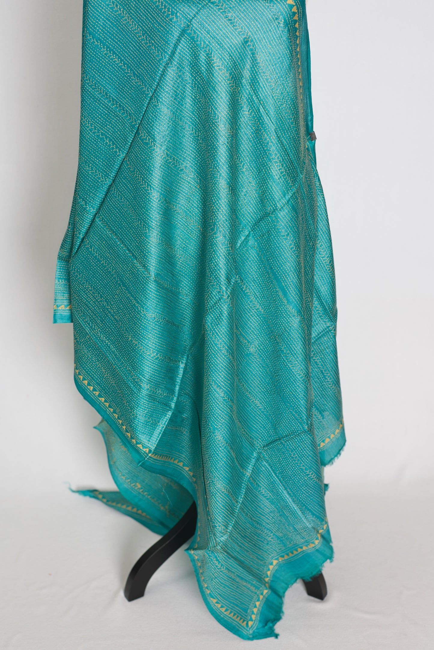 Hand Embroidered Turquoise Blue & Mustard Gold Desi Tussar Silk Kantha Dupatta image 2