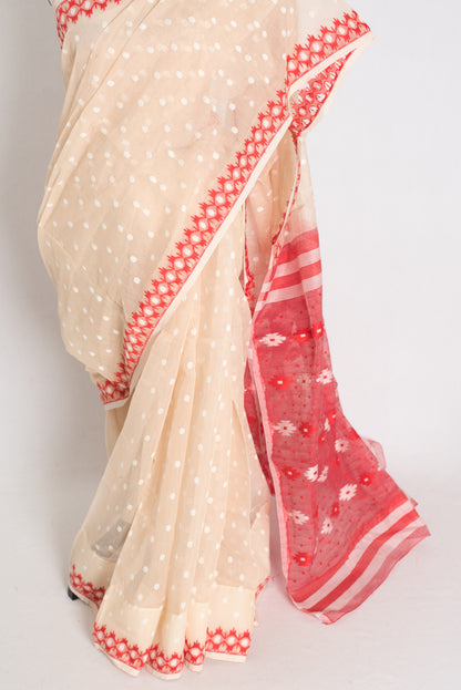 Ahiri : Beige and Red Blended Soft Cotton Jamdani Bengali Saree image 6