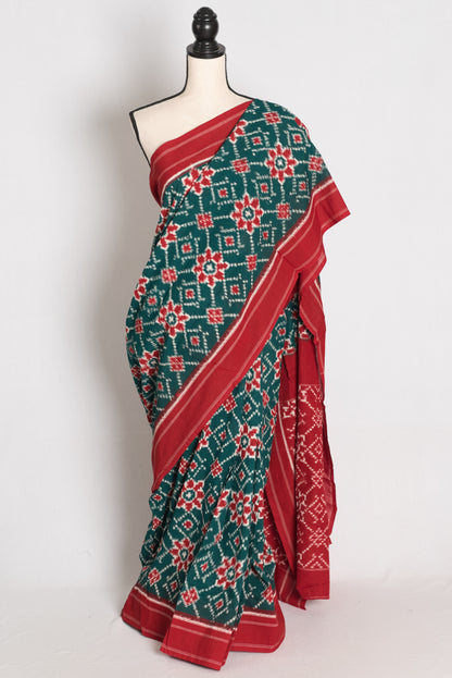 Jui : Bottle Green & Red Telia Rumal Pochampally Double Ikat Pure Cotton Saree image 0